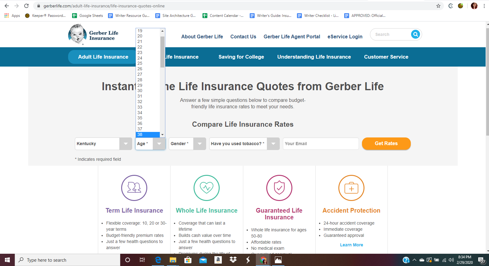 Gerber Life Website instant quote online page age option box
