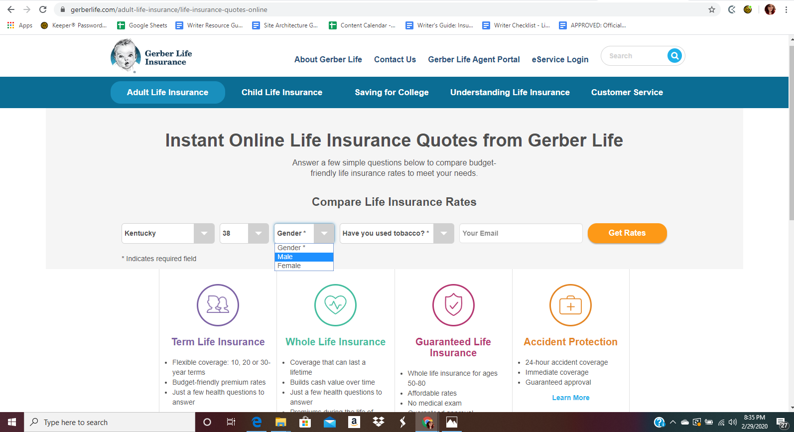 Gerber Life Website instant online quote page gender option box