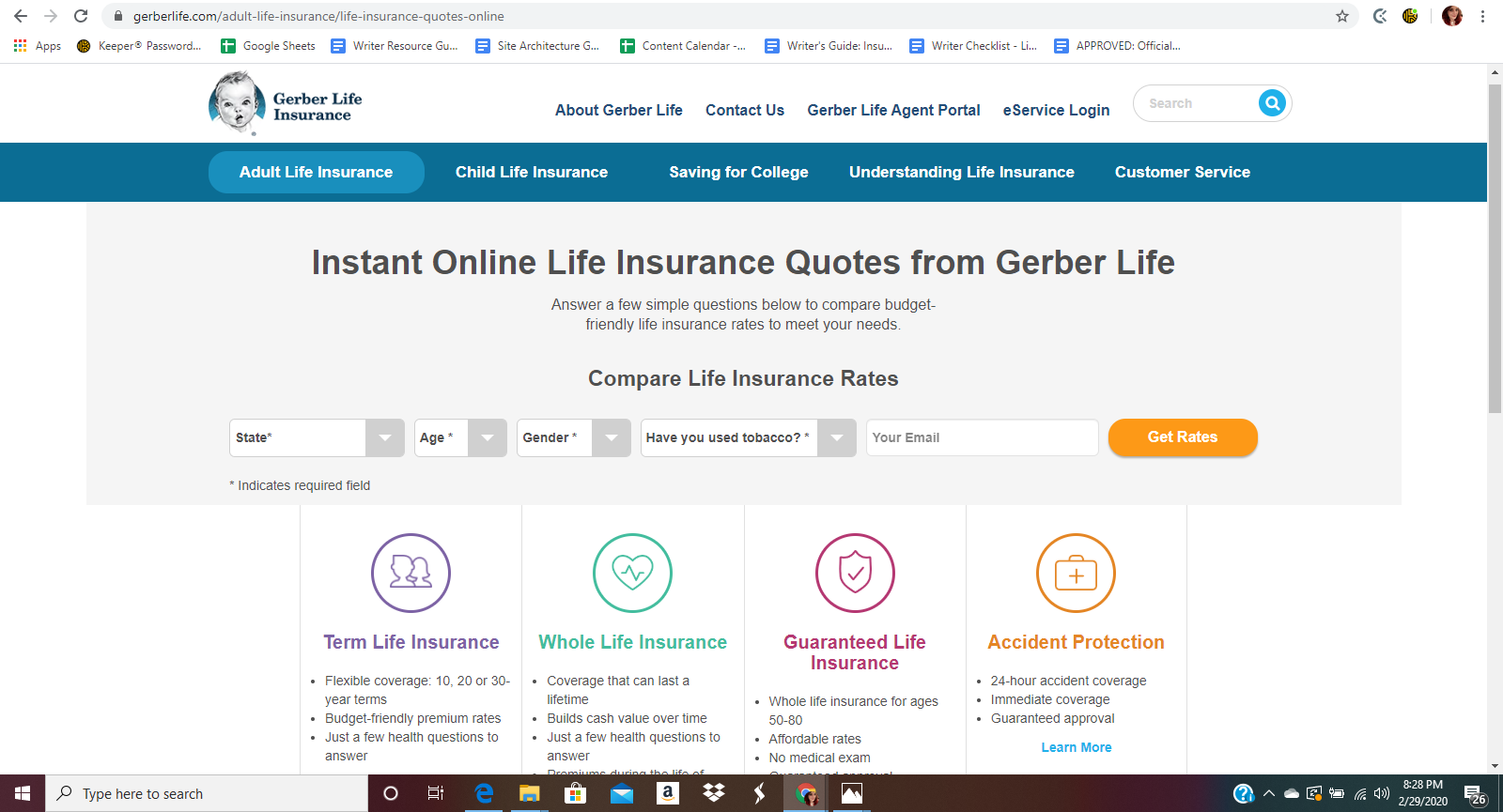 Gerber Life Website instant online insurance quotes page