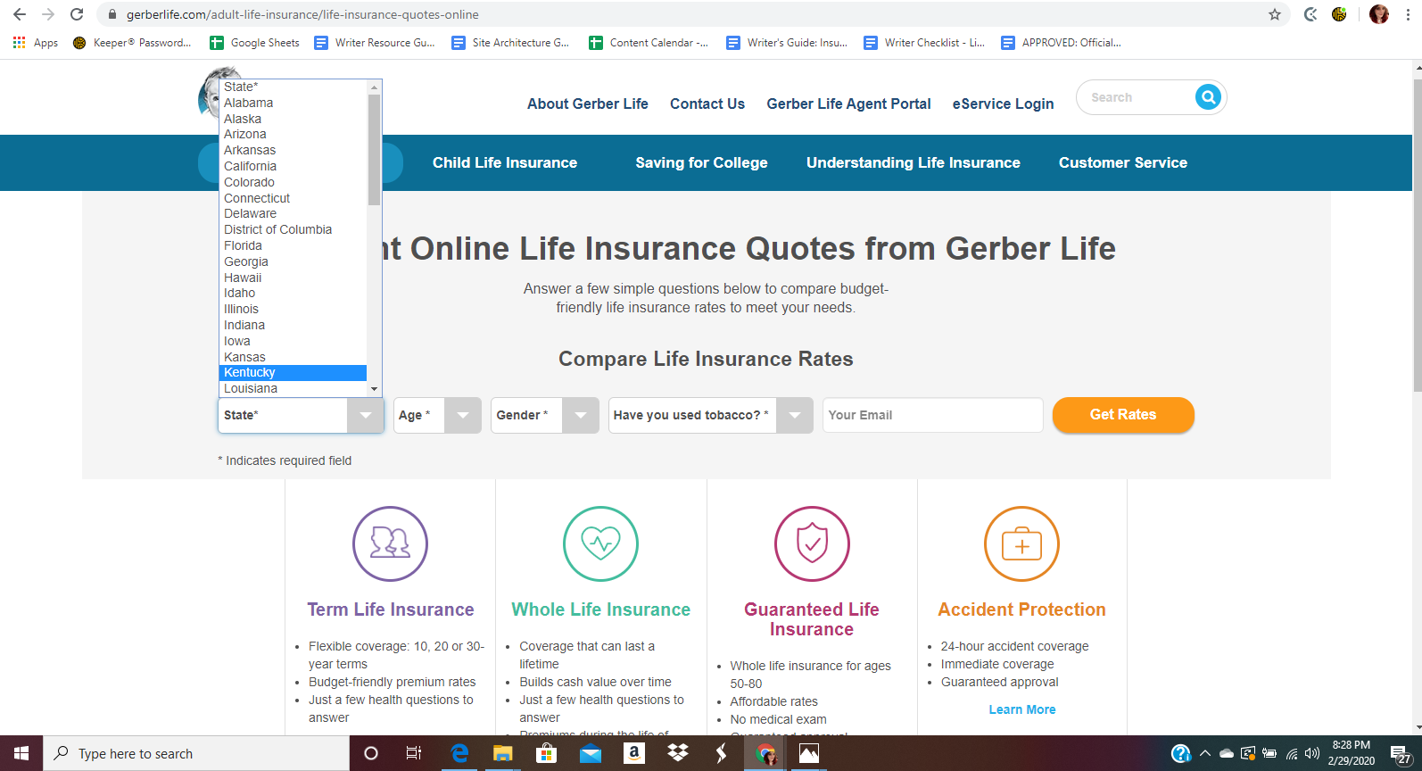 Gerber Life Website instant online quote page state option box