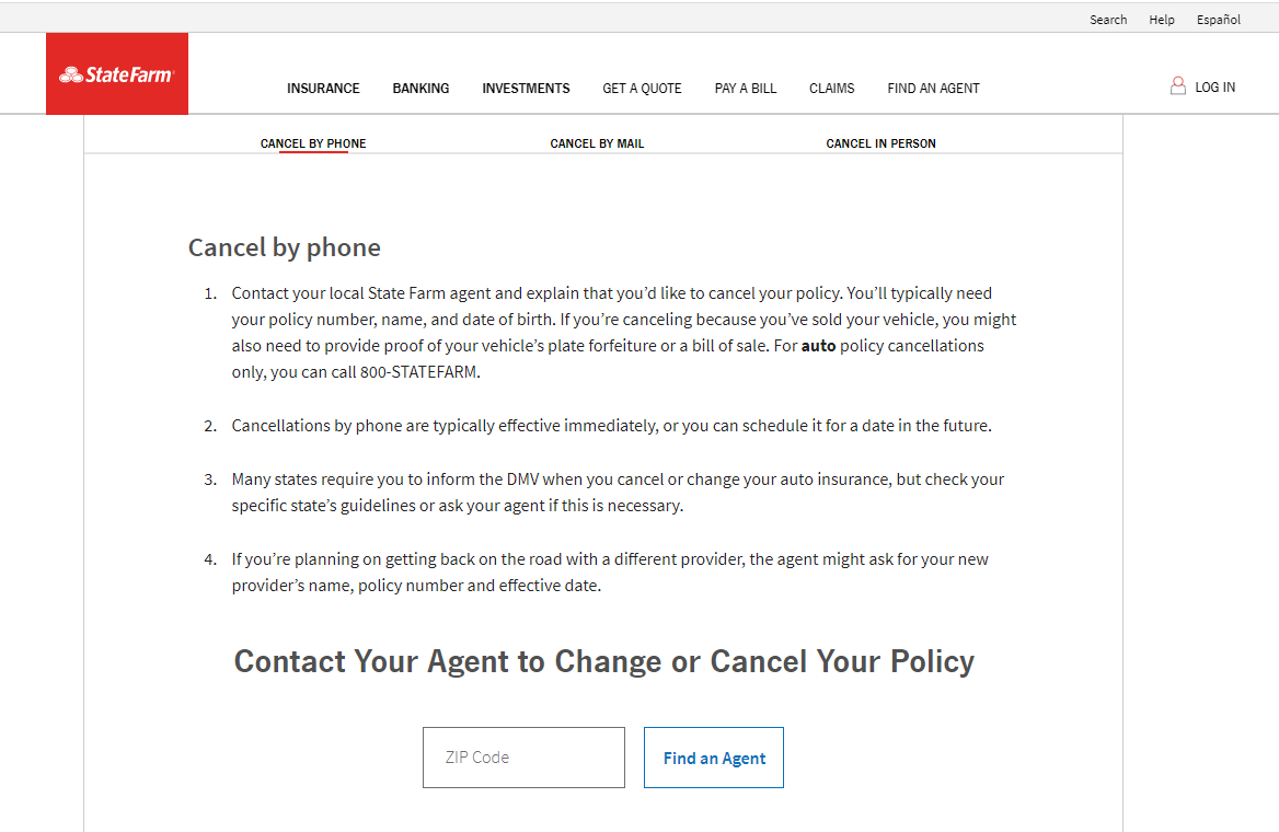 State Farm life insurance Website Cancel by Phone Page
